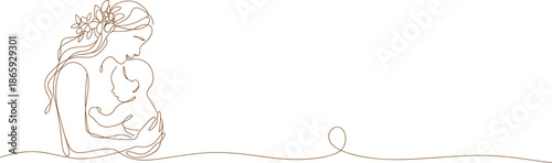 Minimalist mother and baby line art illustration, elegant continuous line motherhood drawing, modern maternal love outline, delicate family wall art