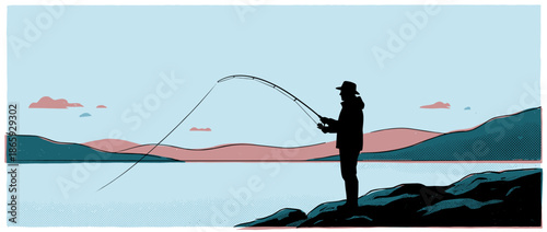 Silhouetted angler in a hat and jacket stands on a rocky shoreline, holding a fishing rod over a tranquil lake in a minimalist graphic illustration with halftone textures