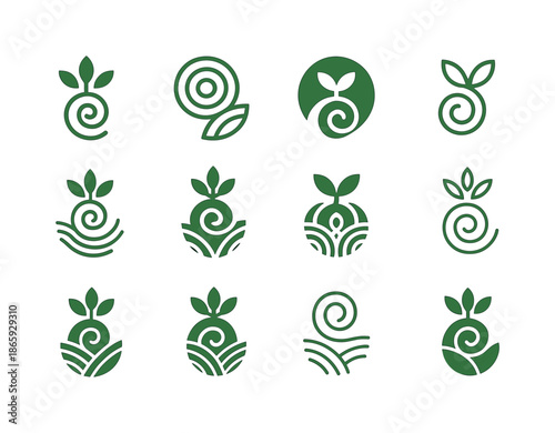 Zero Waste Farming Logos. zero waste farming. Icon set. Set Logo of zero waste farming: permaculture spiral. harmonious logo variations of the same emblematic