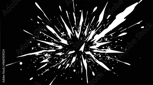 Dynamic white paint splash or ink burst on a black background, creating an abstract explosion effect with radiating lines and scattered droplets.