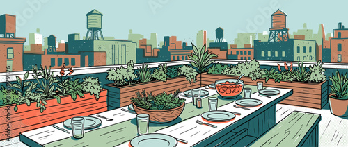 Beautifully set wooden dining table prepared for an outdoor meal on a rooftop terrace, surrounded by lush urban gardens with a city skyline view in a graphic illustration style