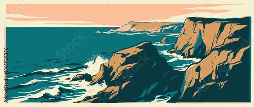 Rocky coastal cliff landscape illustration with powerful ocean waves crashing against the shore under a serene pink sunset sky in a minimalist graphic travel poster style