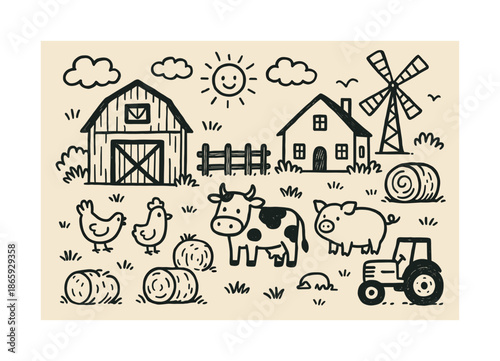 Barnyard Doodle Scene. Barnyard. Hand-drawn doodle illustration Barnyard barn, farmhouse, chicken, cow, pig, hay bale, fence, tractor, windmill, sun icon,