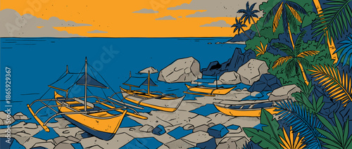 Traditional wooden outrigger boats with sails rest on a rocky tropical shore next to a lush jungle during a serene and colorful sunset in a comic book vector style