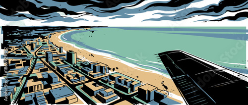 Graphic illustration of a coastal city from an airplane wing shows a sandy beach and ocean under a dramatic cloudy sky in a bold, retro comic book art style