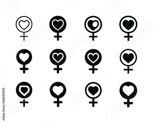 Women's Health Logos. Women?s health rights. Icon set. Set Logo of women?s health rights: female symbol with heart. harmonious logo variations of the same
