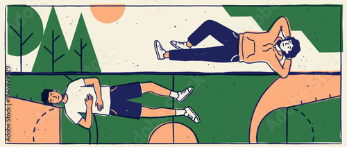 Two young men in casual sportswear relaxing outdoors, lying on the ground with a peaceful expression in a modern, minimalist illustration with a limited color palette and graphic lines