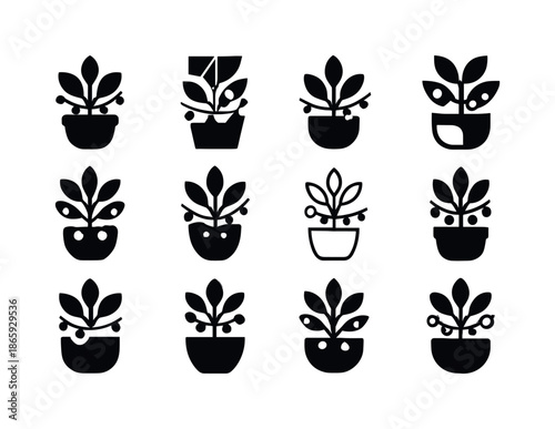 Fairy Lights Garden Icons. Adding fairy lights around garden plants for evening ambiance. Icon set. Set Logo of adding fairy lights around garden plants for