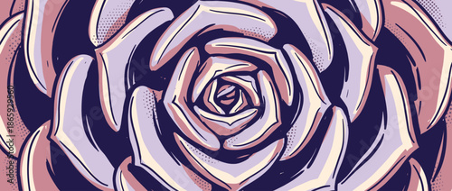 Stylized succulent plant illustration with purple and pink petals in a pop art comic book style featuring bold outlines and halftone dot shading