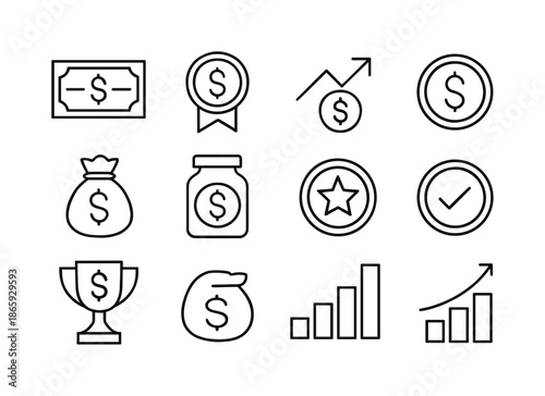 Financial Reward Icons. Financial Rewards. Line icon set of Financial Rewards: cash bonus, incentive icon, earnings arrow, profit symbol, payout coin, money