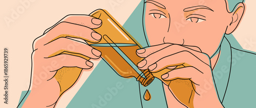 Stylized illustration of a focused man carefully pouring a golden liquid from a small glass bottle, depicted in a minimalist, flat color style with bold black outlines