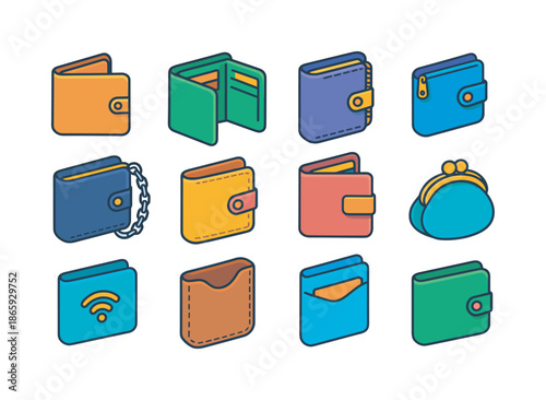 Colorful Wallet Icons. Wallet styles. Colorful isometric vector icons set of Wallet styles: bifold, trifold, slim cardholder, zipper wallet, chain wallet, snap
