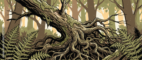 Old moss-covered tree with twisted roots lies fallen on the forest floor surrounded by ferns in a detailed comic book art style with a limited color palette