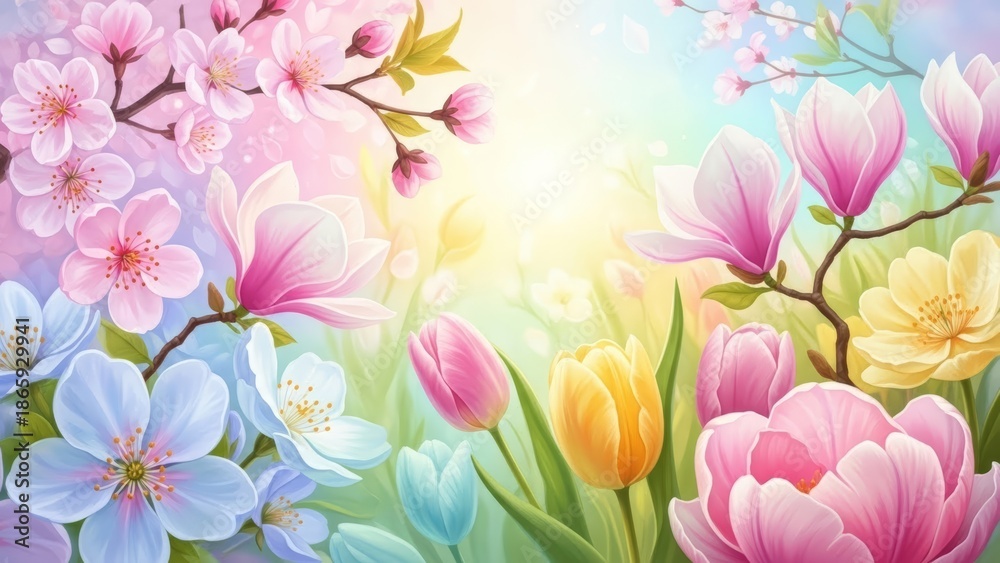 Fototapeta premium Vibrant spring flowers in colorful garden with sunshine