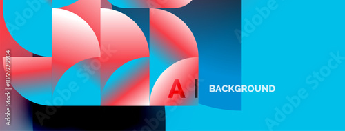 Abstract design features overlapping shapes, vibrant colors, text elements. Modern aesthetic suitable for digital backgrounds, presentations.