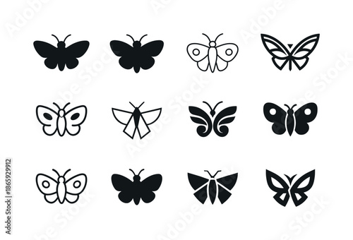 Winged Creatures Icons. Winged creatures. Icon set. Set Logo of winged creatures: moth wings. harmonious logo variations of the same emblematic concept, each