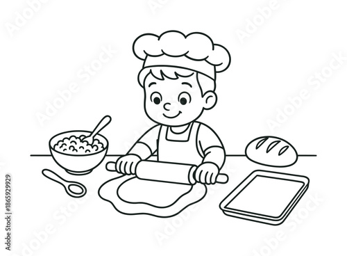 Child Rolling Dough. Dough preparation children?s coloring book illustration, outlined drawing, child rolling dough for stuffed bread with simple utensils,
