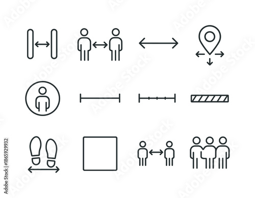 Social Distancing Icons. Social distancing decals. Line icon set of Social distancing decals: stand apart icon, two-person distance symbol, spacing arrows,