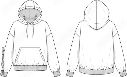 Hooded sweatshirt fashion flat sketch with front and back views showing drawstring hood kangaroo pocket ribbed cuffs design