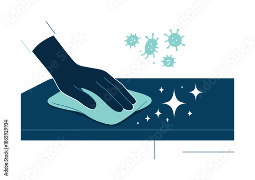 Sparkling Clean Surfaces. Clean home surfaces. A hand wiping a countertop with a sparkle trail; floating icons of germs disappearing. Clean geometric shine