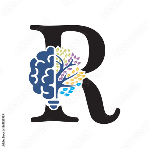 Brain Tree Logo  combine with letter R vector template