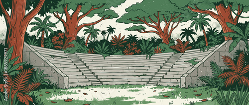 Ancient stone amphitheater ruins overgrown with lush jungle foliage, featuring large tropical trees and palm trees in a detailed, vintage comic book art style with halftone textures