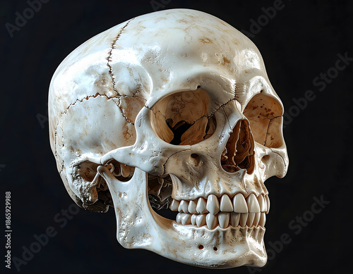 A detailed view of a human skull, showcasing its intricate bone structure and features. This image captures the essence of human anatomy and mortality