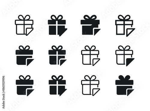 Bonus Check Icons. Bonus check. Icon set. Set Logo of bonus check: gift box + check corner. harmonious logo variations of the same emblematic concept, each