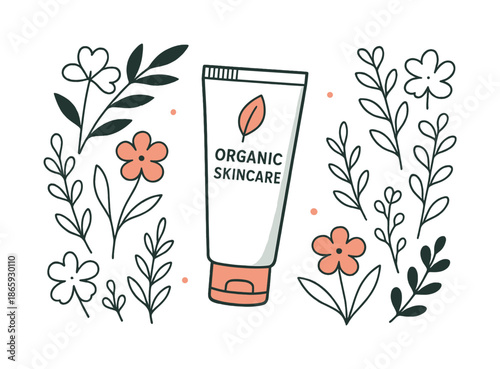 Botanical Skincare Elegance. Organic skincare tube. A sleek tube floats with surrounding botanical elements; flower silhouettes frame the scene. The overall