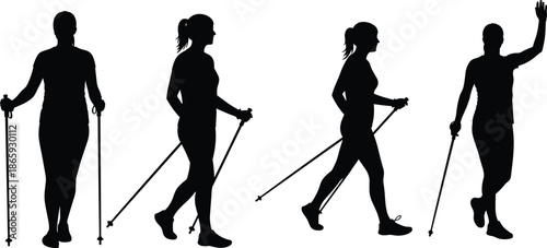 Silhouette of women Nordic walking with poles, health exercise activity, fitness workout, outdoor sport movement, vector illustration for wellness, active lifestyle, isolated design