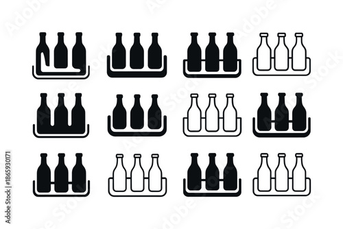 Fridge Shelf Icons. Organizing fridge shelves. Icon set. Set Logo of organizing fridge shelves: bottle organizer rack. harmonious logo variations of the same