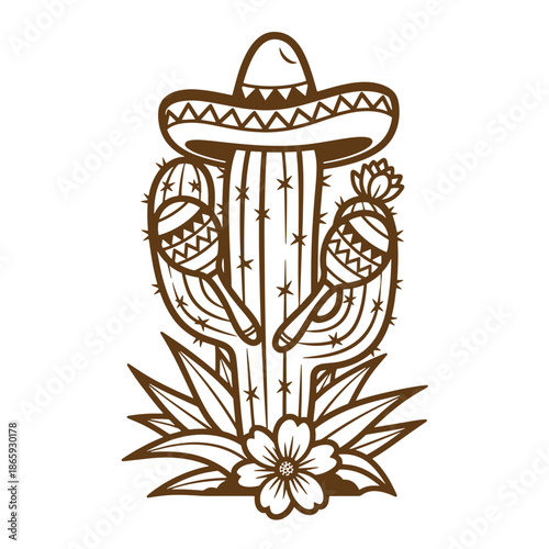 Brown illustration of a cactus wearing a sombrero with maracas and flowers isolated on white background