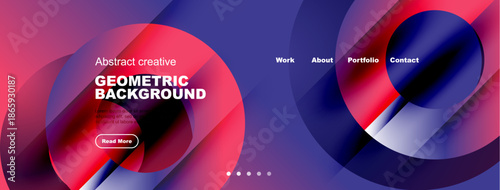Abstract website header design. Vibrant purple, blue gradients dominate. Text elements present, navigation visible. Modern aesthetic.