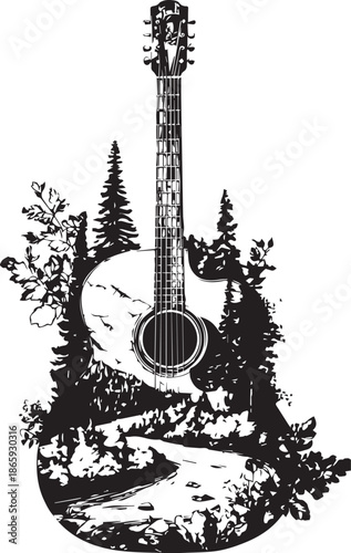 Harmony in Nature's Embrace: An acoustic guitar artfully merges with a tranquil natural landscape, representing a beautiful melody between music and the great outdoors. 