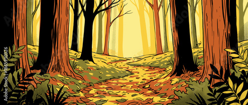 Illustrated autumn forest path with fallen leaves winding through trees in a warm, serene comic book style with halftone shading and a bright glow in the distance