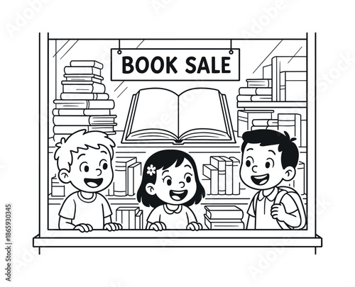 Children's Bookshop Display. Bookshop window display children?s coloring book illustration, outlined drawing, large front window filled with stacked and