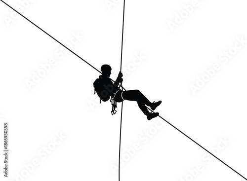 Silhouette of man climbing rope, extreme sport adventure, mountain rescue concept, abseiling action pose, isolated vector graphic illustration
