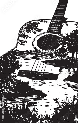 Nature's Melody: An acoustic guitar is transformed into a harmonious canvas, depicting a tranquil waterscape. the image marries music and the beauty of nature