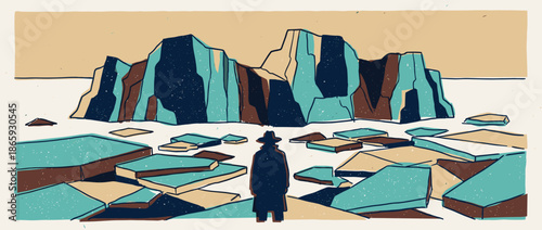 Solitary person in a dark trench coat and fedora hat looks out over a desolate polar scene with floating ice floes and massive icebergs in a textured, hand-drawn style