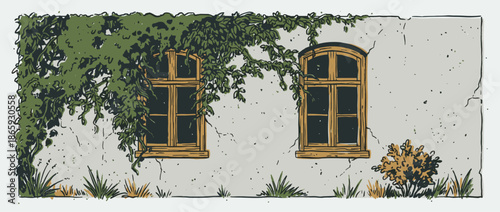 Illustrated old house facade with two wooden windows, overgrown with green climbing ivy in a rustic, hand-drawn linocut style with cracked plaster details