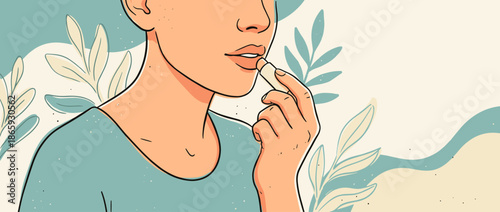 Minimalist illustration of a person applying lip balm to their lips for a daily skincare and beauty routine, depicted in a calm, hand-drawn style with organic plant elements