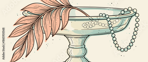 Vintage style illustrated footed bowl holding a delicate pink palm frond and a classic string of pearls in a retro, graphic art composition with halftone details