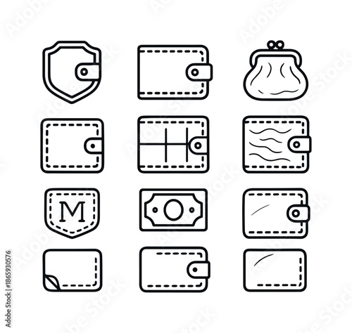 Vintage Wallet Icon Set. old leather wallet. Line icon set of old leather wallet: vintage wallet emblem, classic wallet silhouette, old-style clasp, stitched