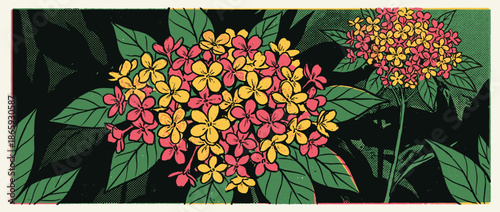 Graphic illustration of vibrant pink and yellow flowers blooming among green leaves in a retro, screen-printed style with bold outlines and halftone textures