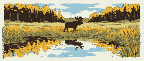 Graphic illustration of a large moose silhouetted against an autumn landscape, standing in a golden meadow with its reflection cast upon the surface of a calm pond