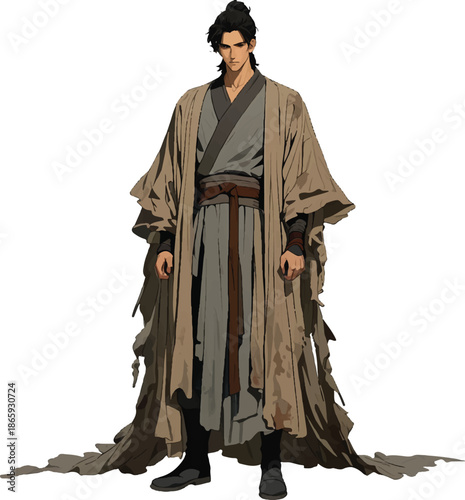 Elegant Attire: A distinguished person of oriental descent stands confidently in exquisitely tailored traditional garments, his expression radiating both wisdom and serenity.