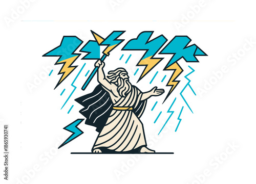 Thunder Deity Illustration. Thunder caller. With a raised staff, the deity unleashes crackling storm arcs; clouds split into sharp geometric shapes. Modern