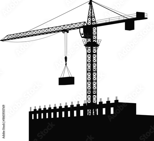 Silhouette of tower crane lifting heavy concrete block at construction site, building framework, industrial construction, urban development, heavy machinery, infrastructure project progress.