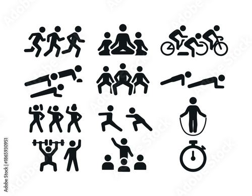 Group Workout Icons. Group workouts. Solid icon set of group workouts: people running, yoga group, cycling team, push-ups, squat, plank, aerobics, stretching,