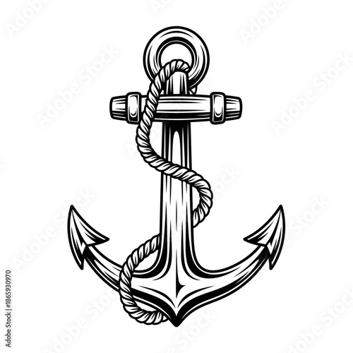Black and white illustration of an anchor with a rope, symbolizing maritime and nautical themes